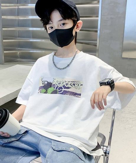 Summer New Children's Short sleeved Naruto Round Neck Middle and Big Children's Pure Cotton T-shirt