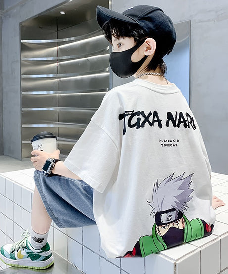 Summer New Children's Short sleeved Naruto Round Neck Middle and Big Children's Pure Cotton T-shirt