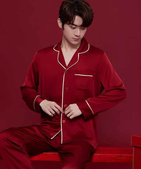 Luxury Satin Couple Pajama Set – 4-Piece Valentine's Sleepwear with Chest Pads (Wine Red) - ExceLux.