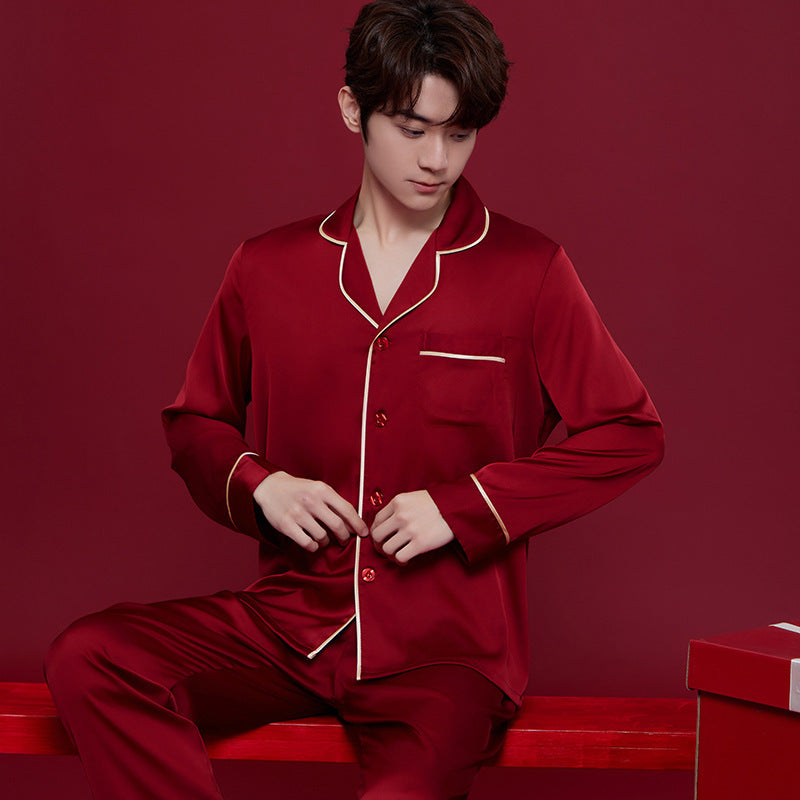 Luxury Satin Couple Pajama Set – 4-Piece Valentine's Sleepwear with Chest Pads (Wine Red) - ExceLux.