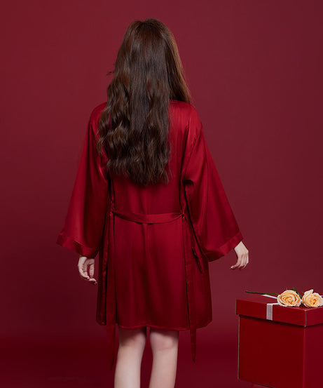 Luxury Satin Couple Pajama Set – 4-Piece Valentine's Sleepwear with Chest Pads (Wine Red) - ExceLux.