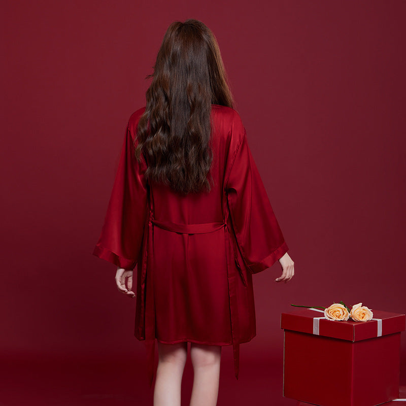 Luxury Satin Couple Pajama Set – 4-Piece Valentine's Sleepwear with Chest Pads (Wine Red) - ExceLux.