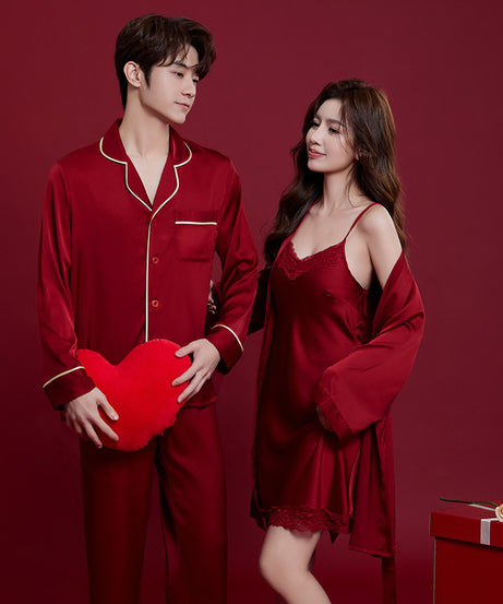 Luxury Satin Couple Pajama Set – 4-Piece Valentine's Sleepwear with Chest Pads (Wine Red) - ExceLux.