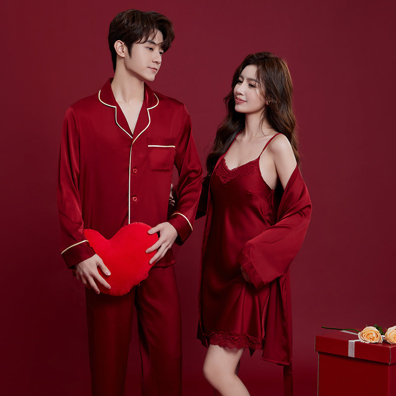 Luxury Satin Couple Pajama Set – 4-Piece Valentine's Sleepwear with Chest Pads (Wine Red) - ExceLux.