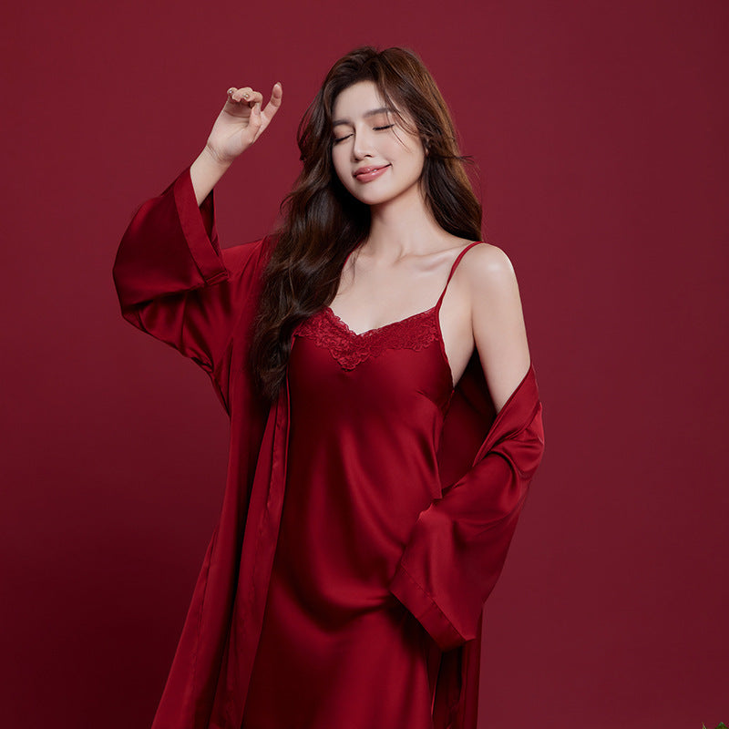 Luxury Satin Couple Pajama Set – 4-Piece Valentine's Sleepwear with Chest Pads (Wine Red) - ExceLux.