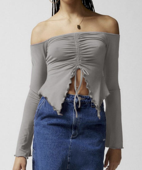 Ruched Front Off-Shoulder Top Long Sleeve – Soft Girl Aesthetic