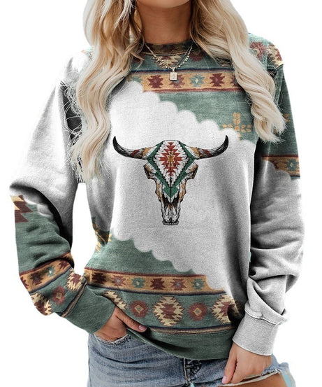 Women Pullover Sweatshirt Long Sleeve Print Crew Neck Sweatshirt - ExceLux.