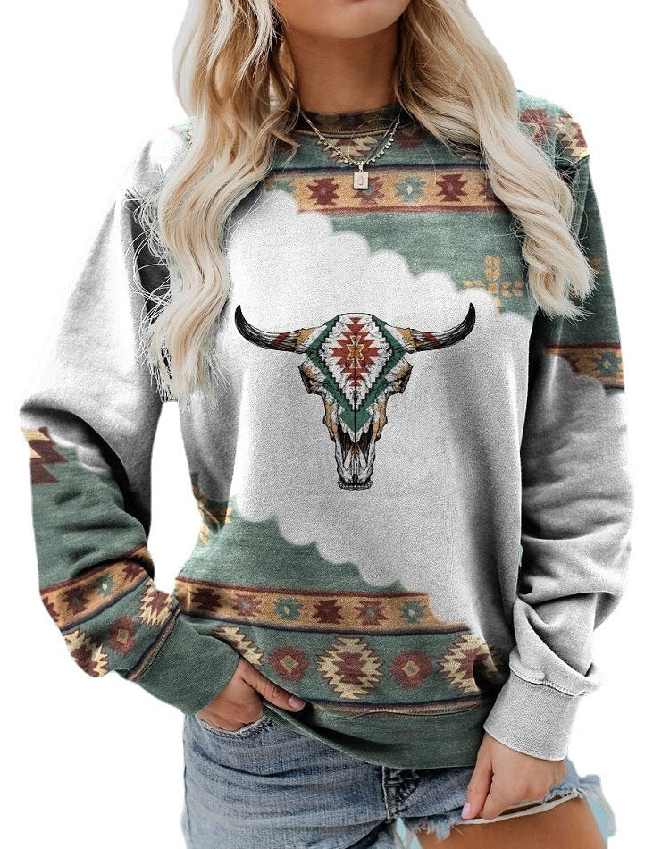 Women Pullover Sweatshirt Long Sleeve Print Crew Neck Sweatshirt - ExceLux.