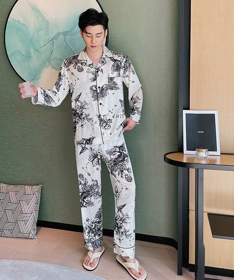 Elegant Printed Couple Pajamas Set - Long Sleeve Button-Down Sleepwear