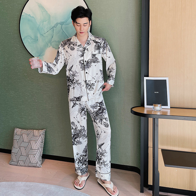 Elegant Printed Couple Pajamas Set - Long Sleeve Button-Down Sleepwear