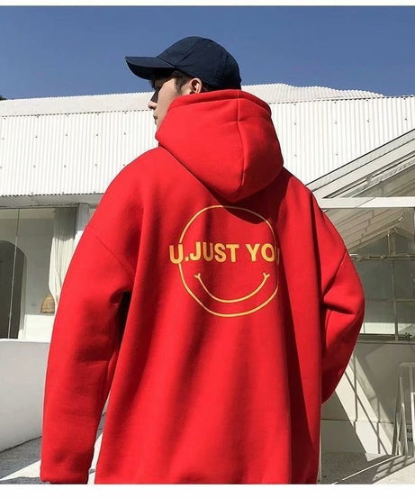 “U JUST YOU” Oversized Unisex Hoodie – Soft Fleece Streetwear with Smiley Graphic