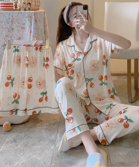 ExceLux's Pure Milk Silk fabrics || Floral Dream Korean-Style Australian Summer Pajama Set for Women