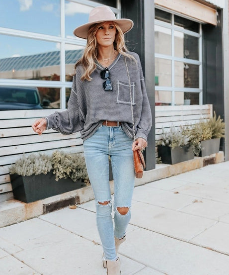 Comfy Clothing – Harper Waffle Knit Oversized Pocket Top Front View