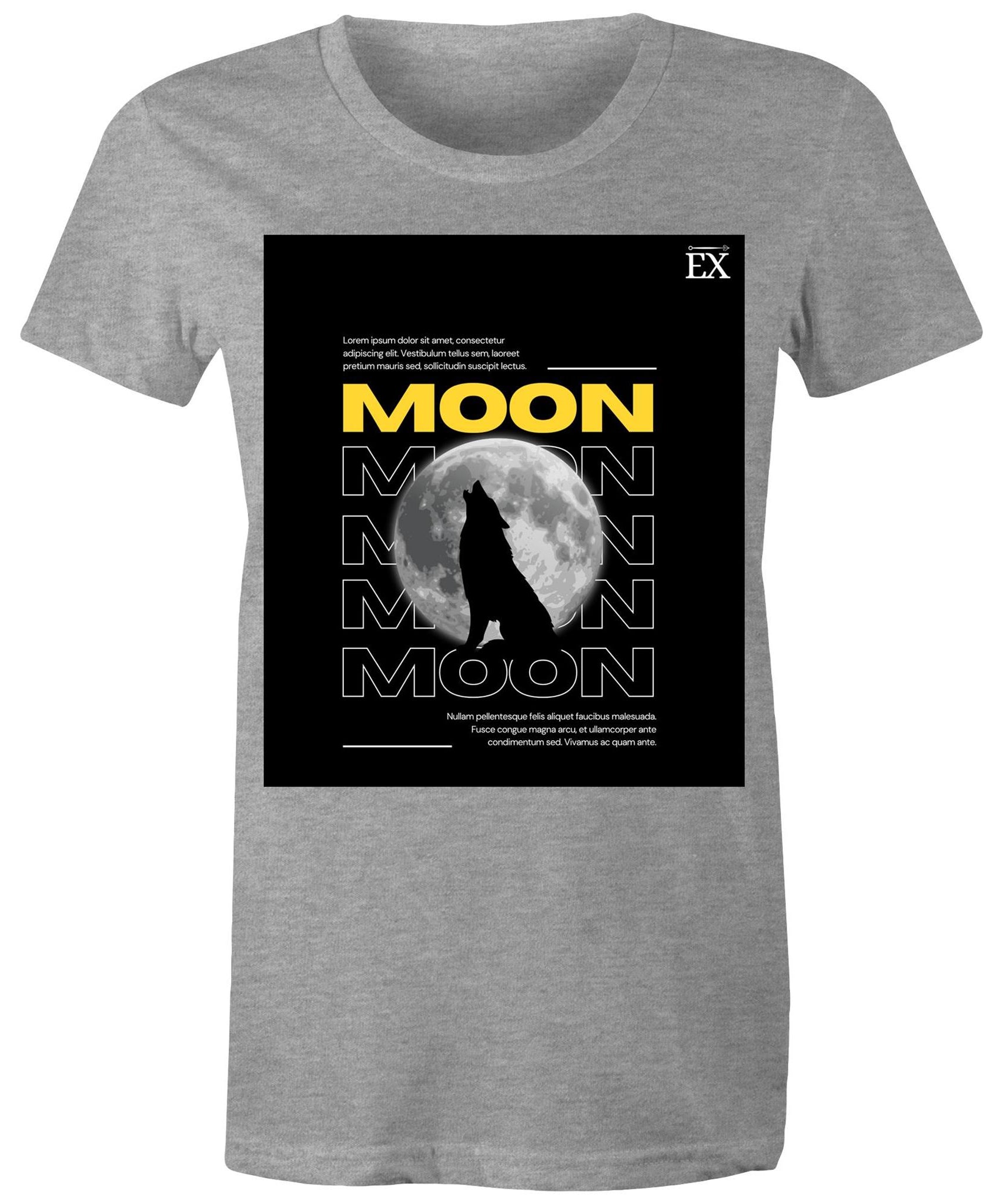 "MOON Howl" Full Moon Graphic T-Shirt – ExceLux Cosmic Series | Women's Maple Tee