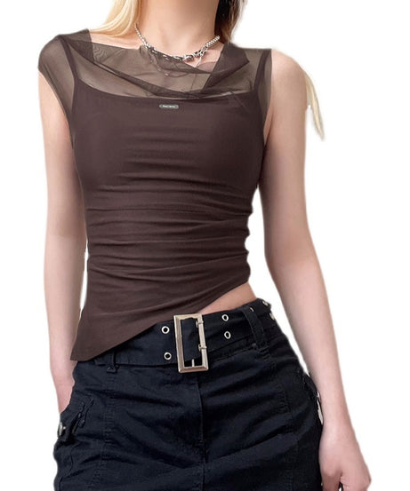 Excelux Women’s Sheer Mesh Slim-Fit Top – Brown Elegant Casual Tee (S–L | AU 6–10)