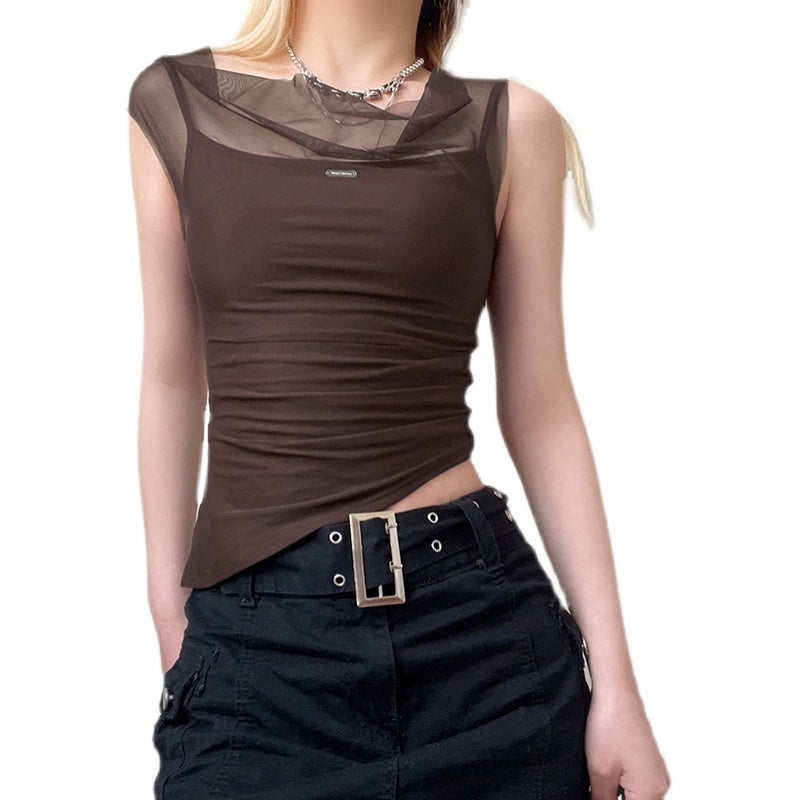 Excelux Women’s Sheer Mesh Slim-Fit Top – Brown Elegant Casual Tee (S–L | AU 6–10)