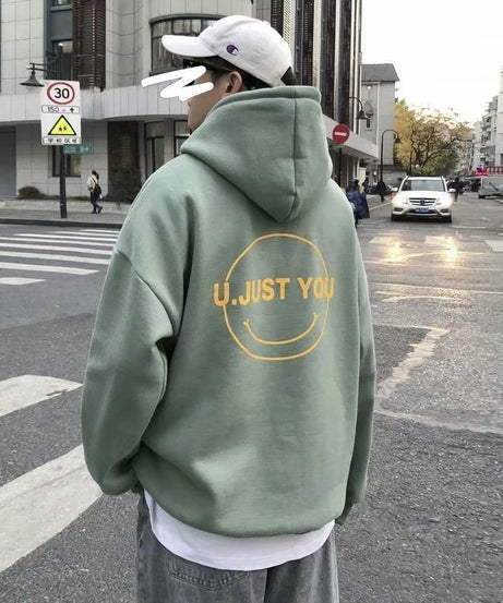 “U JUST YOU” Oversized Unisex Hoodie – Soft Fleece Streetwear with Smiley Graphic
