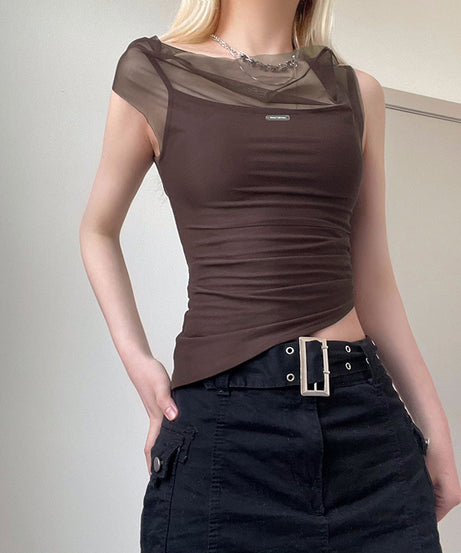 Excelux Women’s Sheer Mesh Slim-Fit Top – Brown Elegant Casual Tee (S–L | AU 6–10)