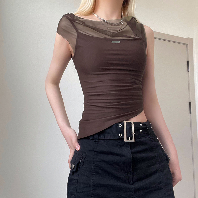 Excelux Women’s Sheer Mesh Slim-Fit Top – Brown Elegant Casual Tee (S–L | AU 6–10)