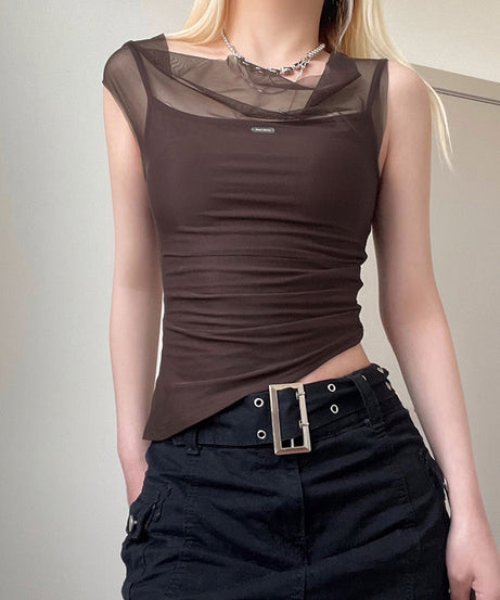 Excelux Women’s Sheer Mesh Slim-Fit Top – Brown Elegant Casual Tee (S–L | AU 6–10)