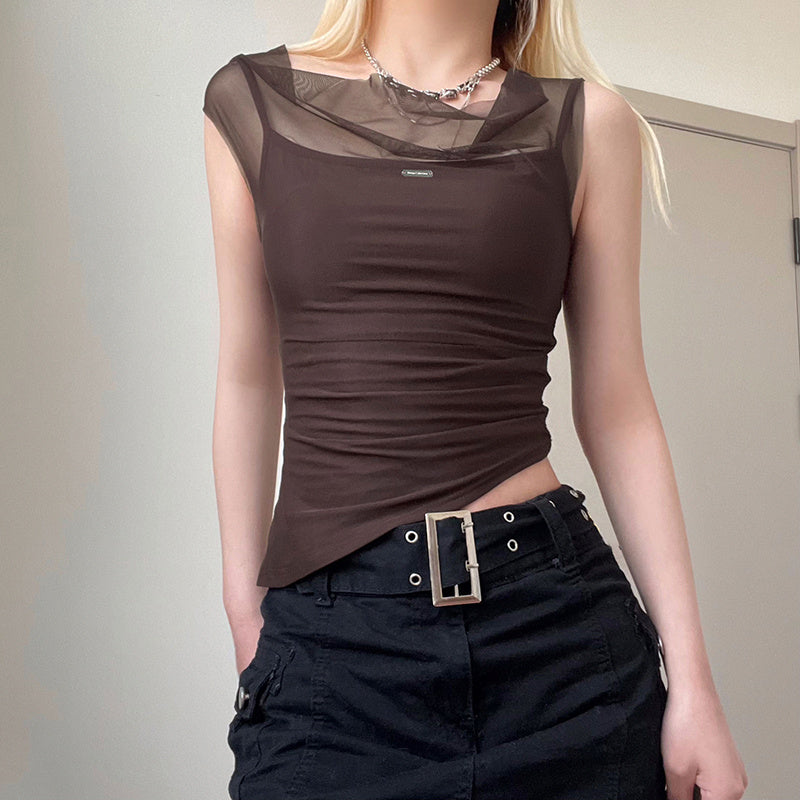 Excelux Women’s Sheer Mesh Slim-Fit Top – Brown Elegant Casual Tee (S–L | AU 6–10)