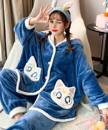 Women Winter Cartoon Thick Flannel Home Pajamas