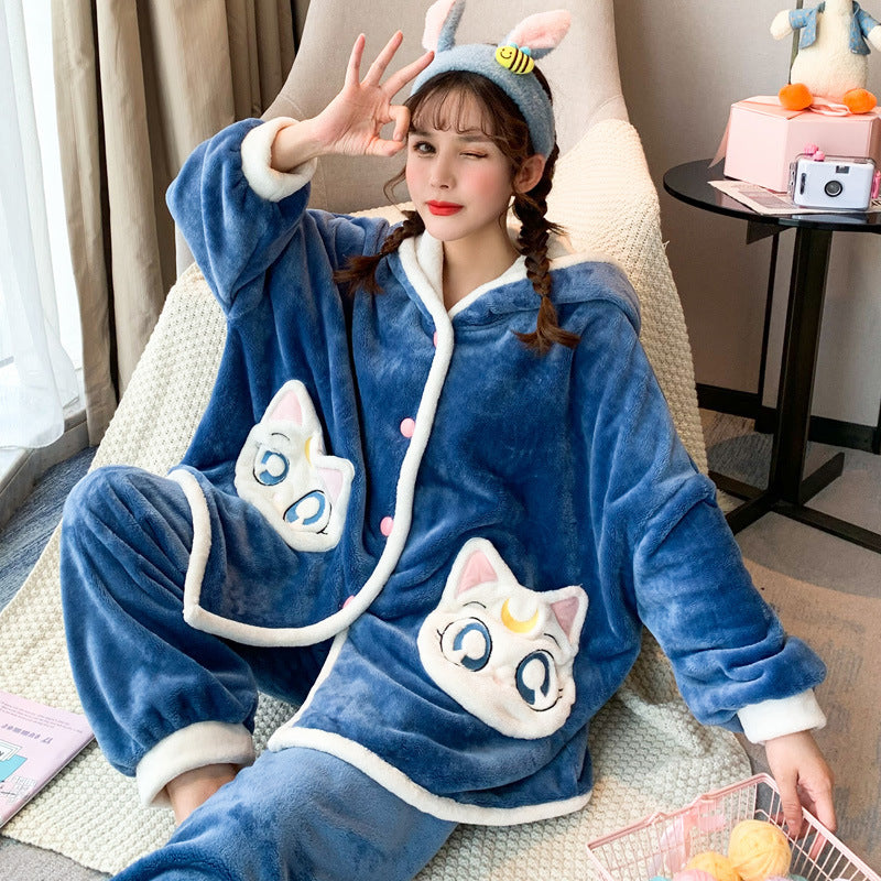 Women Winter Cartoon Thick Flannel Home Pajamas
