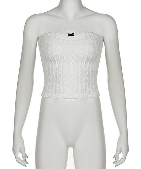 White Ribbed Knit Tube Top with Bow – Minimalist Sweetheart Style - ExceLux.