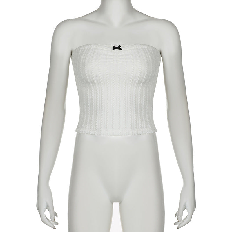 White Ribbed Knit Tube Top with Bow – Minimalist Sweetheart Style - ExceLux.