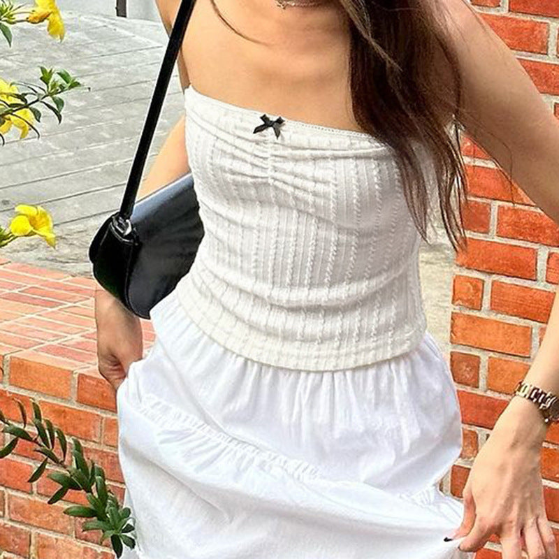 White Ribbed Knit Tube Top with Bow – Minimalist Sweetheart Style - ExceLux.