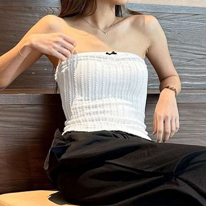 White Ribbed Knit Tube Top with Bow – Minimalist Sweetheart Style - ExceLux.