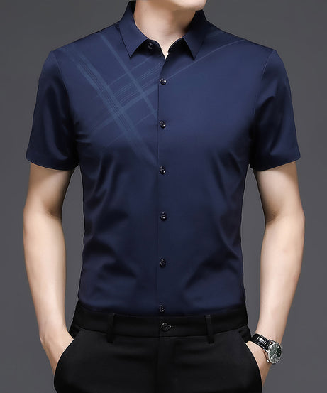 Men’s Slim Fit Short Sleeve Shirt – Plaid Accent Dress Shirt