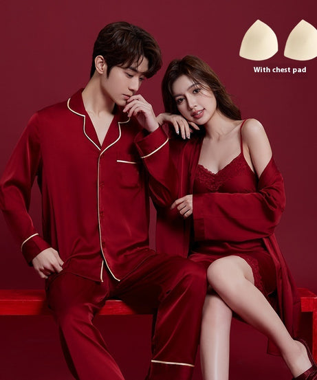 Luxury Satin Couple Pajama Set – 4-Piece Valentine's Sleepwear with Chest Pads (Wine Red) - ExceLux.