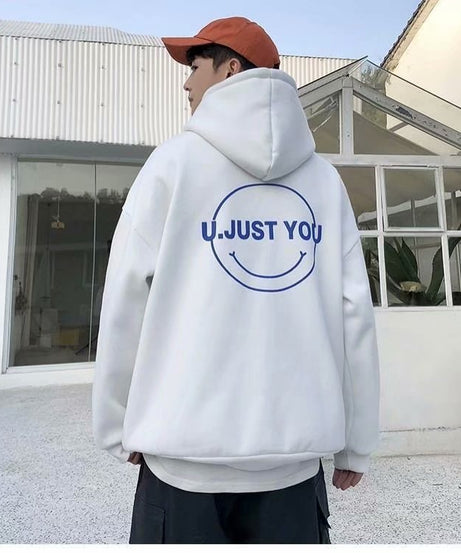 “U JUST YOU” Oversized Unisex Hoodie – Soft Fleece Streetwear with Smiley Graphic