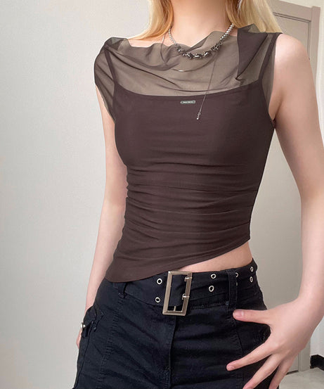 Excelux Women’s Sheer Mesh Slim-Fit Top – Brown Elegant Casual Tee (S–L | AU 6–10)