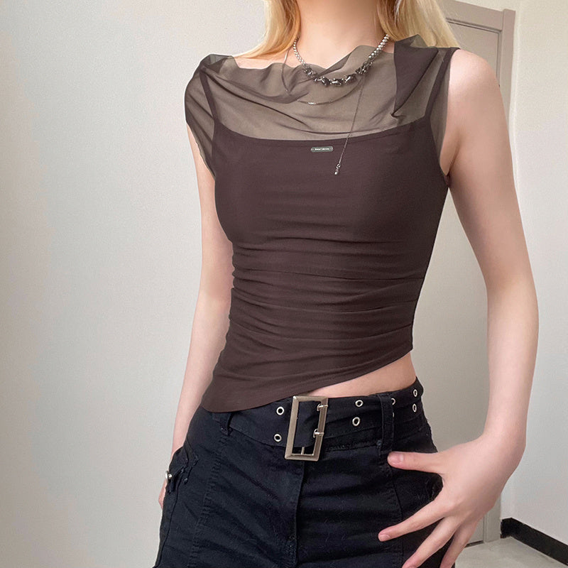 Excelux Women’s Sheer Mesh Slim-Fit Top – Brown Elegant Casual Tee (S–L | AU 6–10)