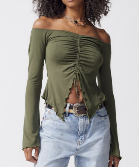 Ruched Front Off-Shoulder Top Long Sleeve – Soft Girl Aesthetic