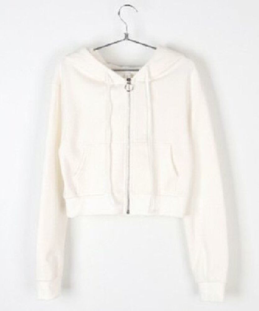 Cropped Zip-Up Hoodie – Drawstring Waist, Casual Streetwear Style (Black, White, Grey)