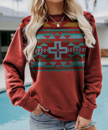Women Pullover Sweatshirt Long Sleeve Print Crew Neck Sweatshirt - ExceLux.