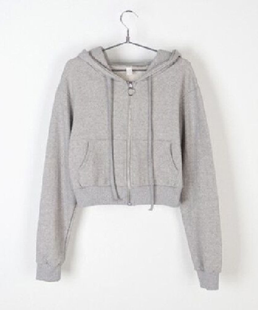 Cropped Zip-Up Hoodie – Drawstring Waist, Casual Streetwear Style (Black, White, Grey)