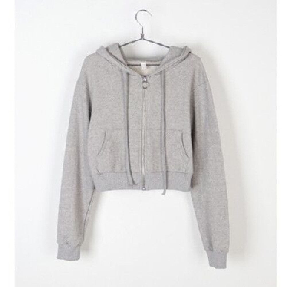Cropped Zip-Up Hoodie – Drawstring Waist, Casual Streetwear Style (Black, White, Grey)