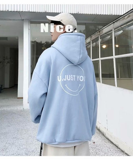 “U JUST YOU” Oversized Unisex Hoodie – Soft Fleece Streetwear with Smiley Graphic