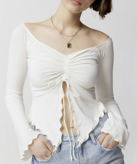 Ruched Front Off-Shoulder Top Long Sleeve – Soft Girl Aesthetic