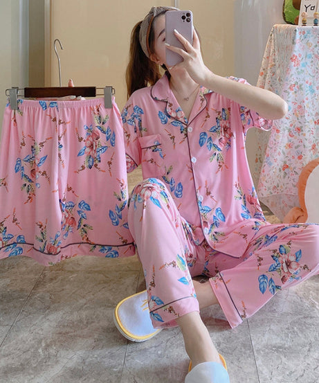 ExceLux's Pure Milk Silk fabrics || Floral Dream Korean-Style Australian Summer Pajama Set for Women