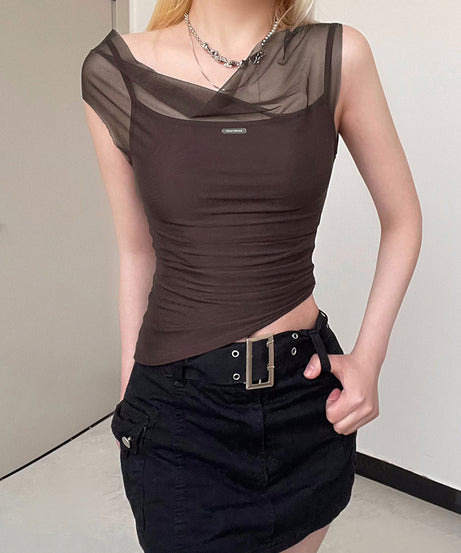 Excelux Women’s Sheer Mesh Slim-Fit Top – Brown Elegant Casual Tee (S–L | AU 6–10)