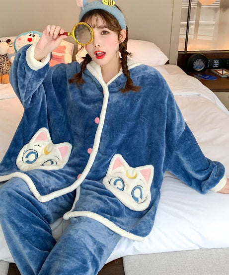 Women Winter Cartoon Thick Flannel Home Pajamas