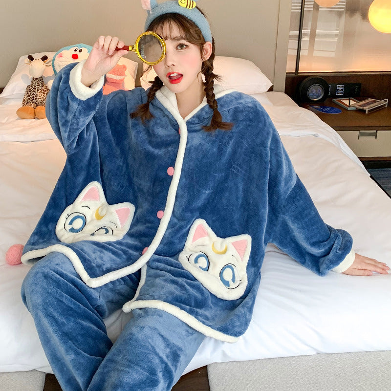 Women Winter Cartoon Thick Flannel Home Pajamas