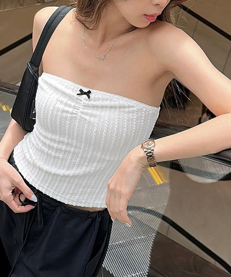 White Ribbed Knit Tube Top with Bow – Minimalist Sweetheart Style - ExceLux.