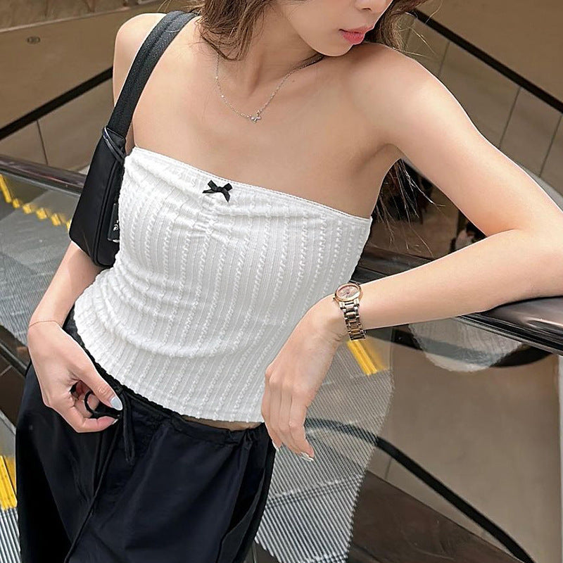 White Ribbed Knit Tube Top with Bow – Minimalist Sweetheart Style - ExceLux.