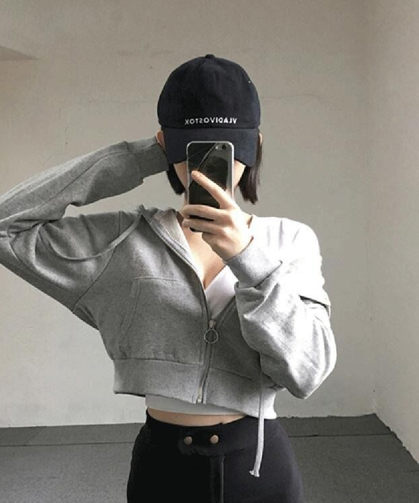 Cropped Zip-Up Hoodie – Drawstring Waist, Casual Streetwear Style (Black, White, Grey)